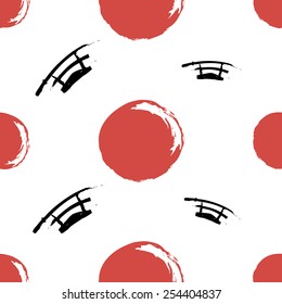 Black and white ink hand drawn brushstroke sword and sun. Set of isolated japanese national symbols and elements. Chess grid order pattern.