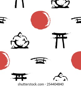 Black and white ink hand drawn brushstroke sword, sumo, sun, torii. Set of isolated japanese national symbols and elements. Chess grid order pattern.