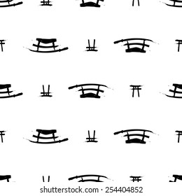 Black and white ink hand drawn brushstroke sword and torii. Set of isolated japanese national symbols and elements. Chess grid order pattern.