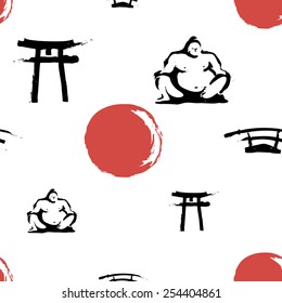 Black and white ink hand drawn brushstroke sword, sumo, sun, torii. Set of isolated japanese national symbols and elements. Chess grid order pattern.