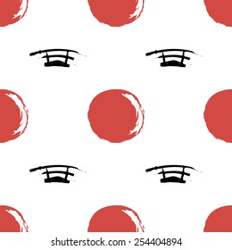 Black and white ink hand drawn brushstroke sword and sun. Set of isolated japanese national symbols and elements. Chess grid order pattern.