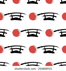 Black and white ink hand drawn brushstroke sword and sun. Set of isolated japanese national symbols and elements. Chess grid order pattern.