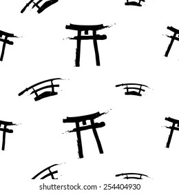 Black and white ink hand drawn brushstroke sword and torii. Set of isolated japanese national symbols and elements. Chess grid order pattern.