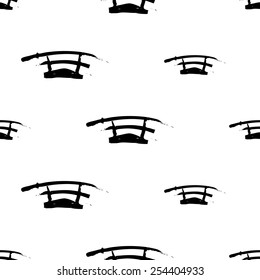 Black and white ink hand drawn brushstroke sword. Set of isolated japanese national symbols and elements. Chess grid order pattern.