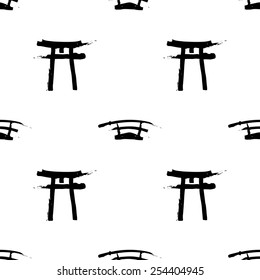 Black and white ink hand drawn brushstroke sword and torii. Set of isolated japanese national symbols and elements. Chess grid order pattern.