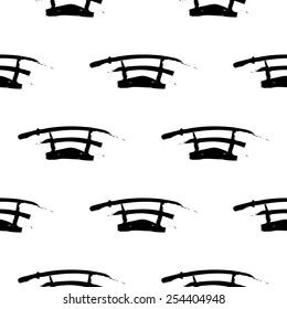 Black and white ink hand drawn brushstroke sword. Set of isolated japanese national symbols and elements. Chess grid order pattern.
