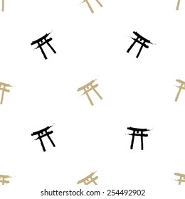Black and white ink hand drawn brushstroke torii. Set of isolated japanese national symbols and elements. Chess grid order pattern.