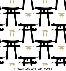 Black and white ink hand drawn brushstroke torii. Set of isolated japanese national symbols and elements. Chess grid order pattern.