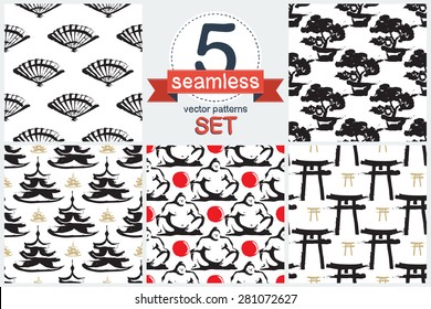 Black and white ink hand drawn brushstroke Japanese symbols arch torii, sumo wrestler, bonsai, pagoda, fan. Set of 5 vector seamless pattern. Chess grid order pattern.