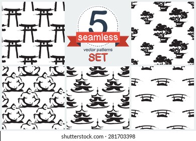 Black and white ink hand drawn brushstroke Japanese symbols characters, pagoda, sword, bonsai, sumo wrestler, Torii Arch. Set of 5 vector seamless pattern. Chess grid order pattern.