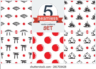 Black and white ink hand drawn brushstroke Japanese symbols and characters, fan, pagoda, Torii arch, sun, sumo wrestler. Set of 5 vector seamless pattern. Chess grid order pattern.