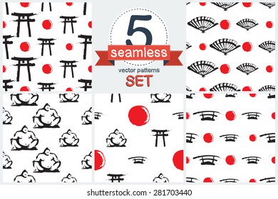 Black and white ink hand drawn brushstroke Japanese symbols characters, fan, sword, sumo wrestler, Torii Arch. Set of 5 vector seamless pattern. Chess grid order pattern.