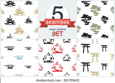 Black and white ink hand drawn brushstroke Japanese symbols characters, pagoda, sword, bonsai, sumo wrestler, Torii Arch. Set of 5 vector seamless pattern. Chess grid order pattern.