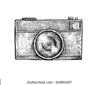 Black and white ink hand drawn camera. Vector illustration