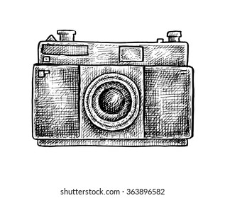 Black and white ink hand drawn camera. Vector illustration
