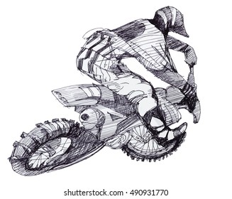 Black and white ink hand drawn motorcyclist driving on high speed vector