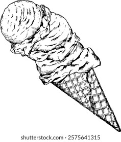 Black and white ink illustration of an ice cream cone with a scoop of creamy ice cream on top. Perfect for summer-themed menus, confectionery, gelateria branding, bakery designs or food packaging