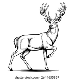 Black and white ink illustration of a majestic whitetail deer buck with large antlers standing on a white background. The style is detailed line art with textural shading.