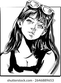 Ilustração de tinta preta e branca de uma jovem mulher com óculos de sol na cabeça - esboço estilo retrato desenho