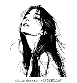 Black and White Ink Illustration of a Young Woman with Long Flowing Hair in a Dynamic Cinematic Pose