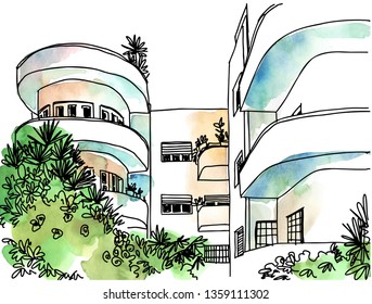 Black and white ink line sketch. White city Tel Aviv, romantic urban landscape, bauhaus style. Hand drawing. Vector illustration watercolor background