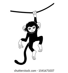 black and white ink monkey character swinging on the rope. flat black wash ink drawing