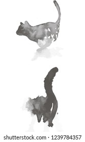 Black and white ink pattern of two cats in the style of Chinese art.