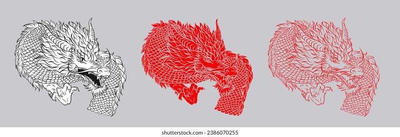 Black and white ink, red solid and sketchy outline dragons in asian style. Dragon as 2024 Lunar New year symbol. Chinese mythology animal tattoo concept