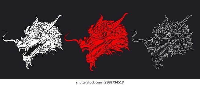 Black and white ink, red solid and sketchy outline dragon heads in asian style. Chinese dragon as 2024 Lunar New year symbol. Dragon tattoo concept