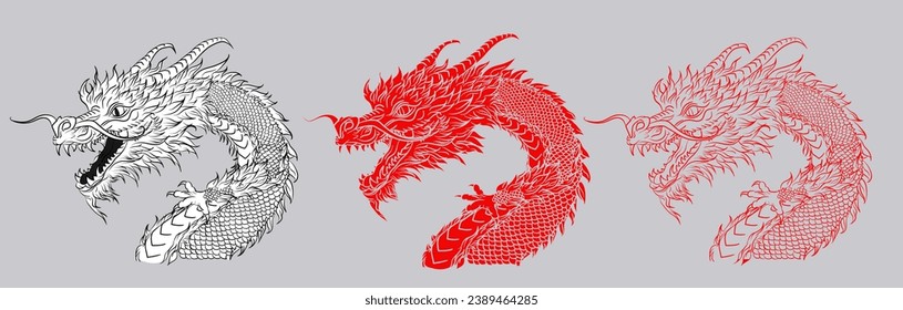 Tinta negra y blanca, dragones de contorno rojos sólidos y esquemáticos al estilo asiático. Dragón como símbolo del Año Nuevo Lunar 2024. Concepto de tatuaje animal de mitología china