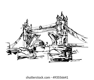 black and white ink sketch drawing of famous place Tower Bridge in London, vector illustration