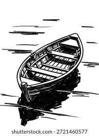 Boceto de tinta en blanco y negro de un bote de remos de madera vacío flotando en el agua con sombreado texturizado y líneas onduladas que ilustran una embarcación náutica solitaria en un estilo rústico dibujado a mano