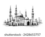 Black and white ink sketch of a grand mosque with multiple minarets and domes, symbolizing Islamic architecture