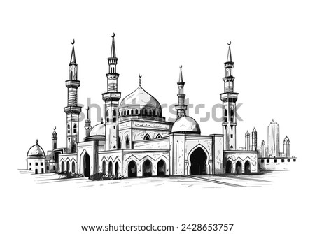 Black and white ink sketch of a grand mosque with multiple minarets and domes, symbolizing Islamic architecture