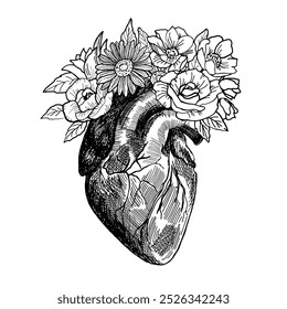 Black and white ink sketch of the human heart with flowers inside. Idea for greeting card or print