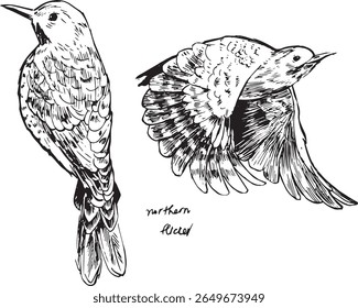 Black and white ink sketch of a Northern Flicker in perched and flight poses. Detailed hand-drawn artwork suitable for bird guides, vintage decor, wildlife prints, and nature illustration collections.