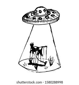 Black and white ink sketch of an UFO abducting a cow illustration vector