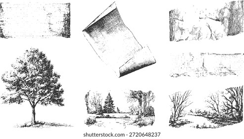 Black and white ink of textured surfaces trees and landscapes paper