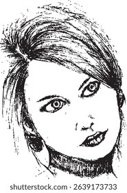 black and white ink vector portrait of a woman's face wearing a turtle neck shirt, rendered with a raw and textured artistic style
