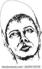 black and white ink vector portrait of a woman's face wearing a baseball capf, rendered with an expressive artistic style and textured strokes