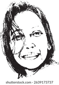 black and white ink vector portrait of a woman's face with an expressive and joyful smile, rendered with a raw and textured artistic style