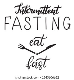 Black and white   inscription with knife and fork as arrows. Weight loss and healthy eating theme banner. Handwritten lettering in modern calligraphy and flat style.