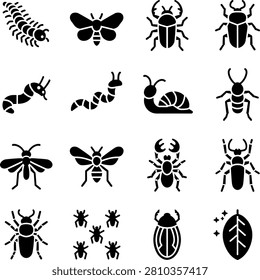 Black and white insect and bug silhouette icons for educational or design projects featuring various creepy crawlies
