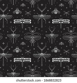 Black and white insect silhouettes pattern. Praying mantis, stick insect, dragonfly, bee and ladybug seamless background with winged bugs and beetles for prints, textiles and fabric.