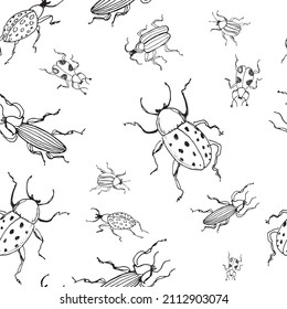 Patrón sin fisuras de insectos blancos y negros. Esbozo dibujado a mano para la postal entomológica, papel pintado, impresión.