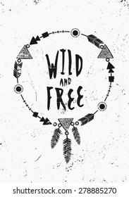 Black and white inspirational poster design. Geometric elements, dream catcher, feathers decoration. Modern poster, card, flyer, t-shirt, apparel design.