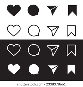 black and white Instagram Media Icon. Like, Comment, Share, Save. Web Flat Icon 