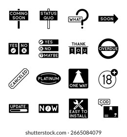 Black and White Interface Icons with Directional Labels and Warning Signs Vector Illustration