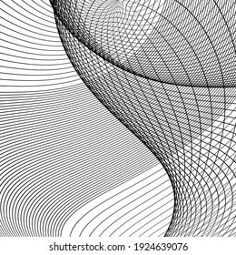 Black and white intersecting lines, twisted mesh element isolated on white