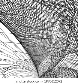 Black and white intersecting lines, twisted mesh element isolated on white. Whimsical drawings of various shapes. Graphics.